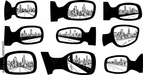 vector set of car rear view mirrors. reflection in automobile rear view mirror. transport illustrations. cityscape reflection in a mirror

