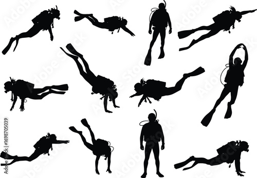 Silhouettes of scuba divers underwater, ocean activity, marine exploration, diving poses, underwater sport, snorkel gear, sea adventure, aquatic life.