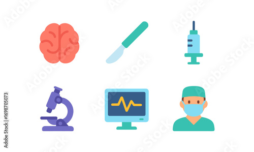 Neurosurgery icons set featuring brain, scalpel, syringe, microscope, monitor, and surgeon for medical design projects