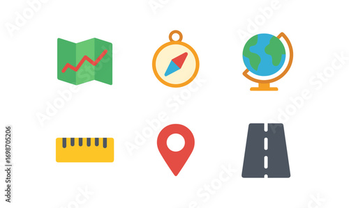 Cartography icon set featuring map compass globe ruler location and road for navigation apps