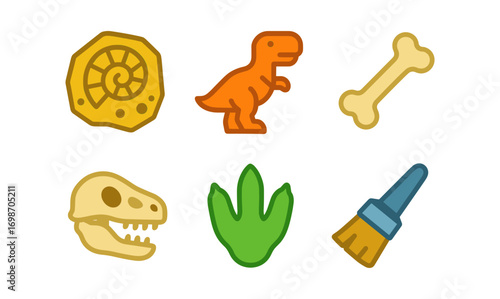 Paleontology icon set for educational and design use featuring fossils, dinosaurs, and tools