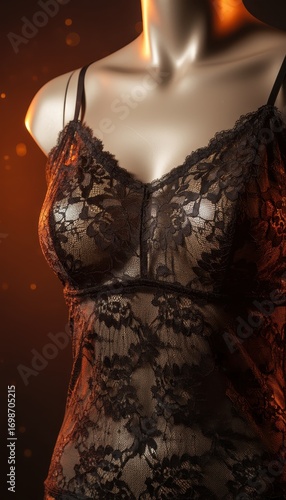 Studio shot of lace camisole detail on mannequin under professional lighting, high fashion style