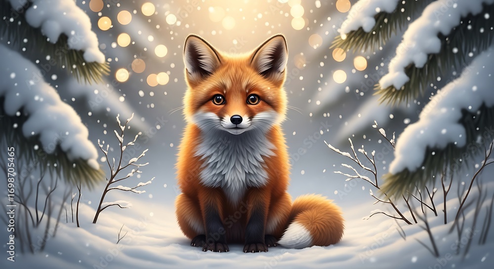 Fototapeta premium Adorable Winter Fox in Snowy Forest Scene