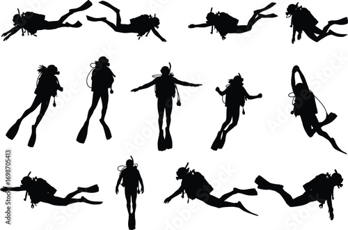 Silhouettes of scuba divers underwater, ocean exploration, marine adventure, diving activity, snorkeling, deep sea diving, underwater sports, aquatic experience.