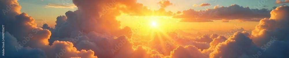 Fototapeta premium Golden sunlight streams through gaps in fluffy clouds, illuminating a vibrant landscape below A breathtaking display of nature's radiant energy , natural light, view