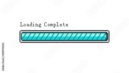 Pixel Art Loading Bar Animation Sequence, Blue Progress Bar, Retro 8-Bit Game Style, Isolated on White Background, Seamless Loop, 4K