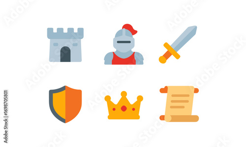 Medieval icons set: knight armor, sword, shield, crown, scroll, and castle design for digital and print use