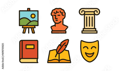 Renaissance art icons collection featuring sculpture, column, easel, book, quill, and theatre mask for creative projects