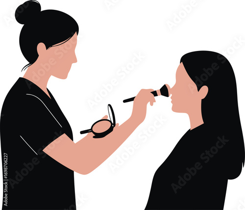 makeup artist applying blush to client on transparent background silhouette