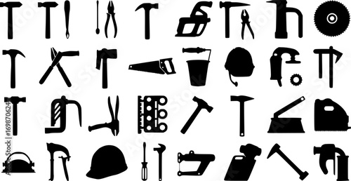 vector working tools silhouettes isolated on white background. construction, building, repair concept. different instruments
