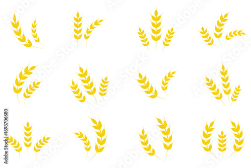 Gold wheat silhouette collection. Wheat or rice icon symbol vector illustration. Wheat grains wreath. Golden wheat stalks, perfect for harvest, farm, or food related designs. eps 10