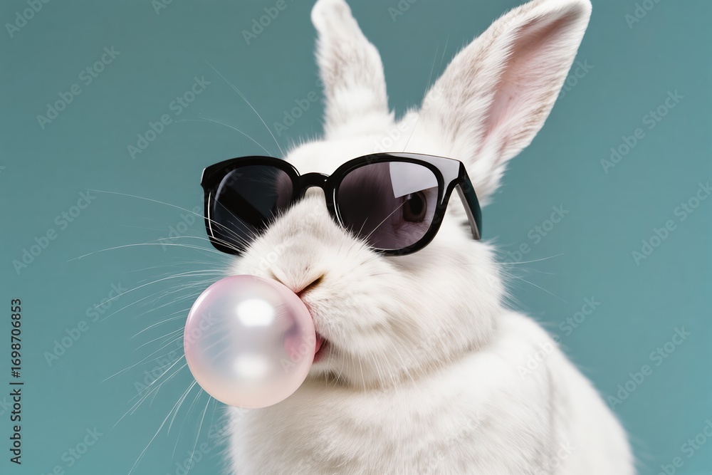Fototapeta premium A stylish and fashionable white rabbit wearing cool sunglasses while blowing a big bubble gum bubble