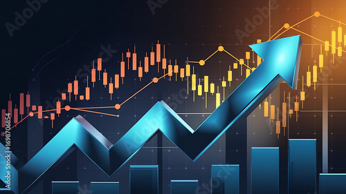 The digital illustration features a metallic blue arrow symbolizing growth, overlaid with dynamic orange and yellow candlestick chart lines, showcasing the dynamic nature of financial trends.