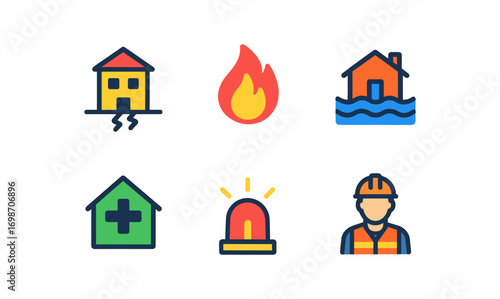 Disaster management icons for emergency response and safety planning in simple design