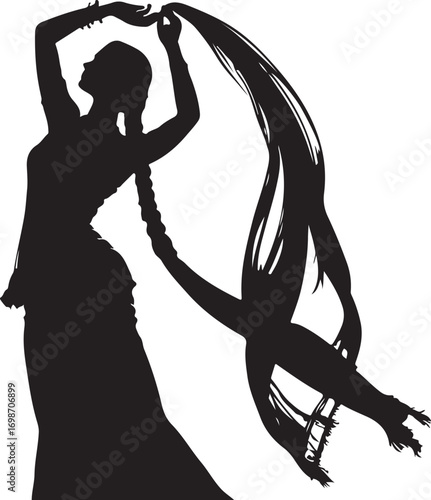 Silhouette of a dancer with a long flowing scarf and braided hair woman female