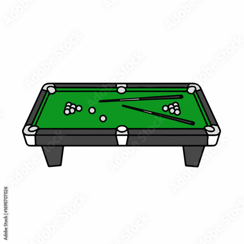 Green billiard table with balls and cues ready for a game