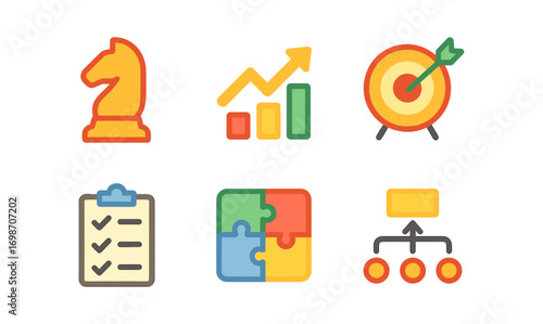 Business strategy icons featuring chess knight, growth chart, and target for strategic planning and development
