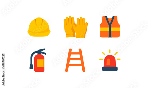 Workplace safety icons set featuring essential equipment for jobsite protection