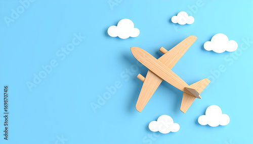 Minimalist wooden airplane flying among white clouds on blue background, symbol of travel, childhood dreams, and freedom.