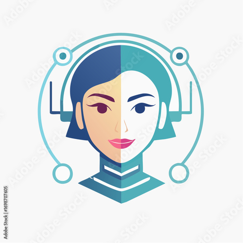 A stylized illustration depicting a female figure integrated with technological elements