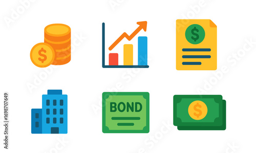 Corporate finance icon set featuring coins, graph, and bonds for business design