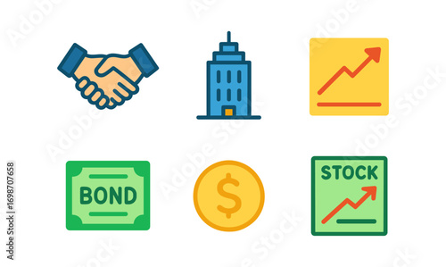 Financial investment icon set with symbols for bonds, stocks, and growth chart for business and finance design