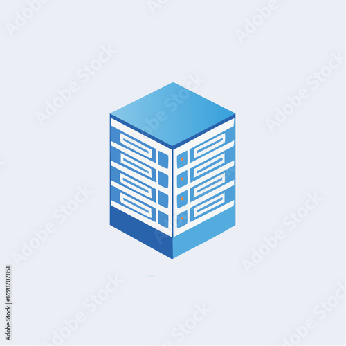 Abstract geometric design of a stylized blue and white building or data center on a light background