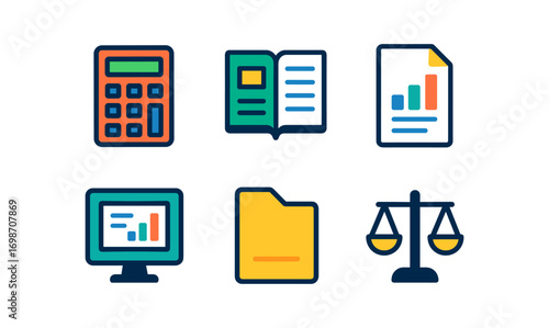 Comprehensive accounting icons set: calculator, report, folder, balance scale, digital chart for business design