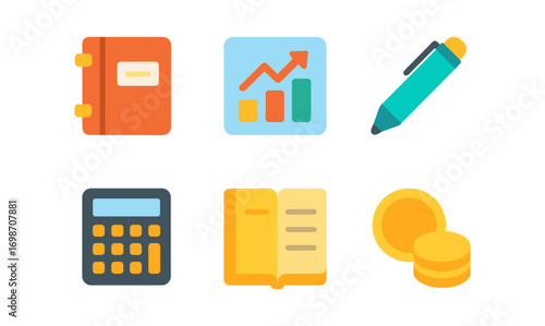 Essential bookkeeping tools icons set for business and office use