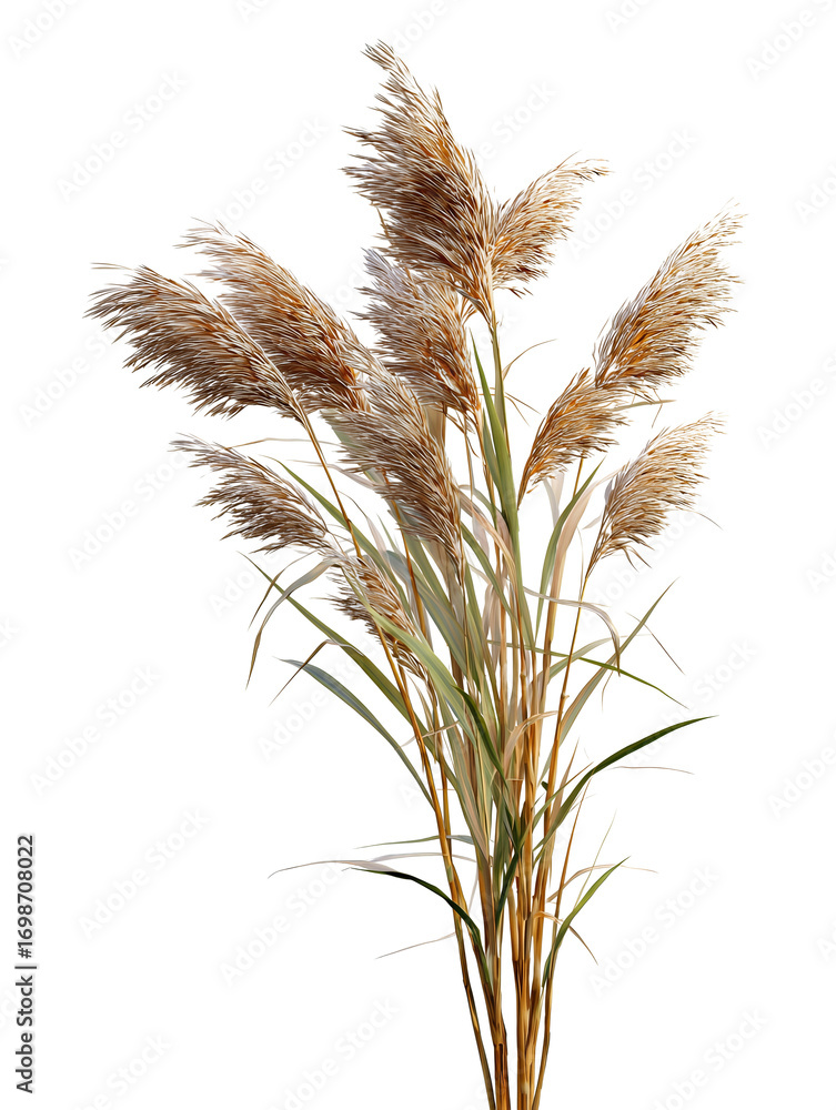 Fototapeta premium Reed grass cluster in natural muted colors, slender stalks with seed tops spread gently, isolated on transparent background. 