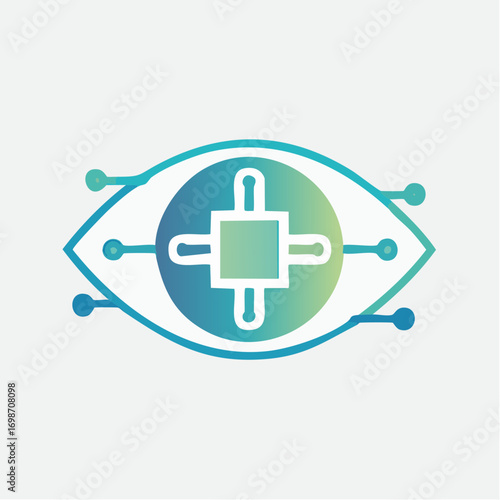 Abstract illustration of a digital eye with a circuit board design integrated, clean vector.