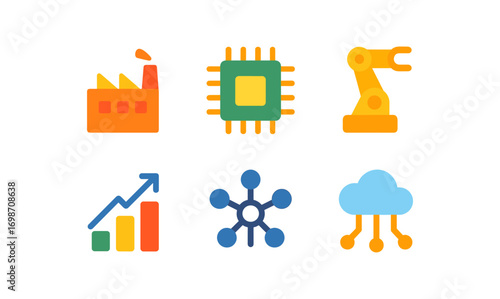 Industry 4.0 icon set featuring robotics, automation, cloud computing, and data analysis for digital transformation design