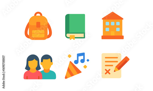 Student life essentials: backpack, book, dormitory, friends, music, and activities design for educational materials