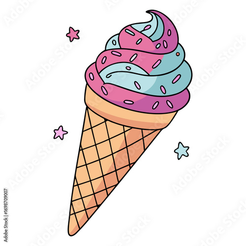 Rainbow Swirl Ice Cream Cone Vector Illustration 