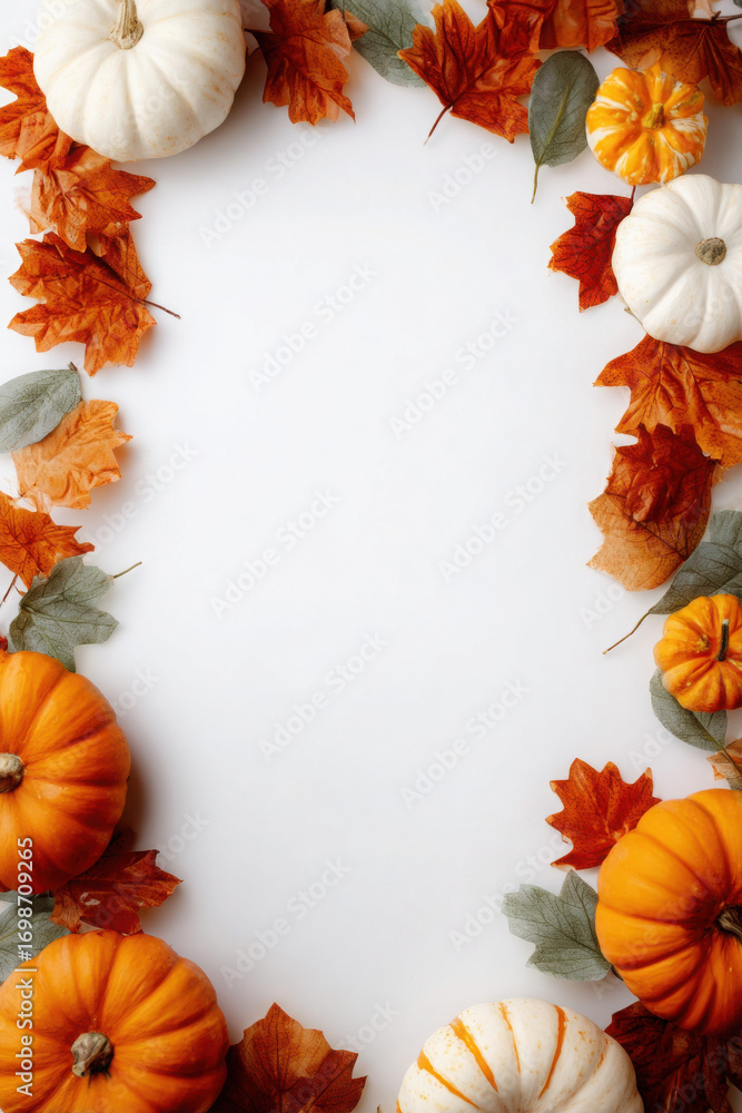 Obraz premium Autumnal arrangement featuring pumpkins, gourds, and colorful fall leaves, creating a festive border.