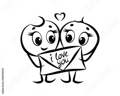 A heartwarming black and white illustration of two cartoon characters, stylized as simple shapes with large eyes and exaggerated features