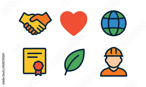 Ethical business icon set featuring sustainability and teamwork for design projects