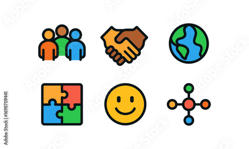 Diverse icon set featuring teamwork, global unity, and positive interactions for design projects