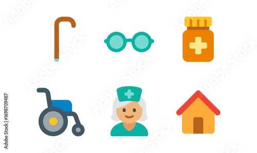 Comprehensive elderly care: essential icons for medical and home assistance design