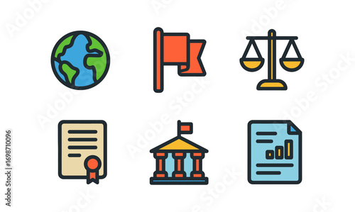 Foreign policy icons featuring globe, flag, scales, document, building, official report for design use