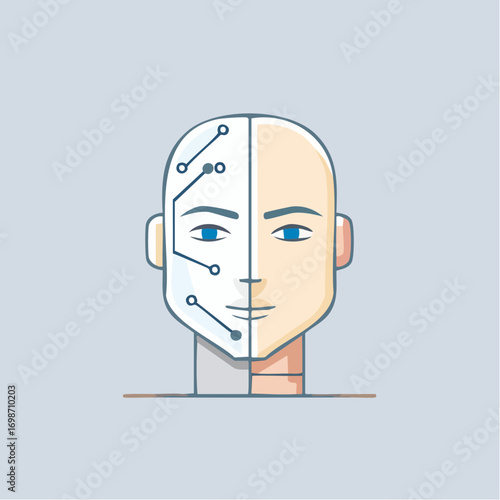 Conceptual representation of a human-robot hybrid face merging technology and biology