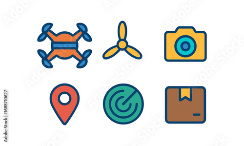 Autonomous drone icon set featuring camera, propeller, radar, and delivery elements for tech design