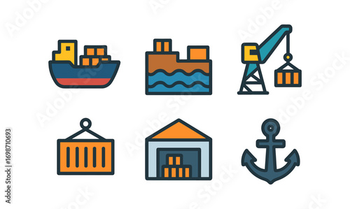 Harbor and shipping icons collection for nautical and logistics design projects