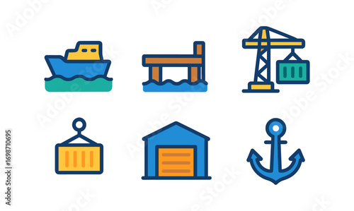 Maritime harbor icons: nautical and logistic symbols for design and branding projects
