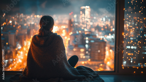 Lonely woman sitting on window sill with blanket, looking at city lights during New Year night