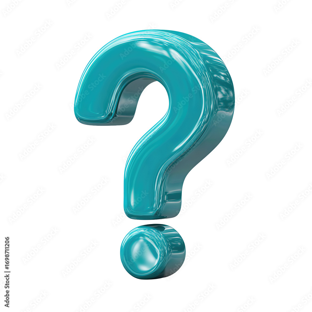 Fototapeta premium Teal question mark with beveled edges, glossy highlights, thick stem and rounded dot, slightly rotated, isolated on transparent background. 