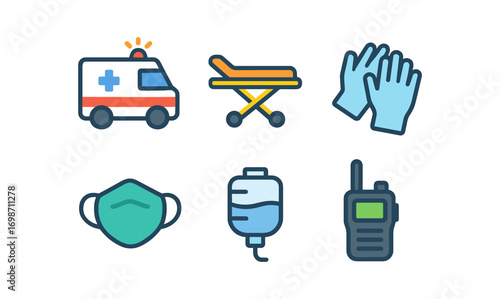 Paramedic equipment icons set for emergency medical services and health care design