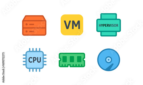 Modern virtualization icon set featuring cpu, ram, vm, hypervisor, server, and hard drive for technology design