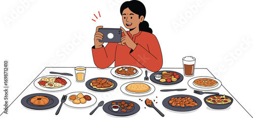 A professional food blogger and content creator capturing a delicious feast with a smartphone for social media