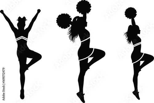 cheerleaders performing various poses silhouette on transparent background